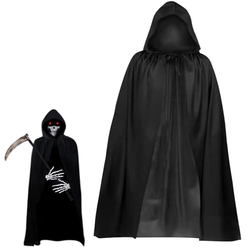 Giugio Halloween Kostüm Set, Schwarzer Umhang mit Kapuze Cape, Vampir Kostüm mit 20 Halloween Tattoos Aufkleber, Unisex Kostüm Sensenmann für Erwachsene karneval Dekoration Cosplay von Giugio