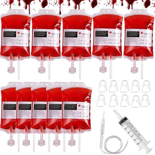 Giugio Halloween Trinkgefäß, 10 Stück Blutbeutel zum Befüllen 350 ml, Infusionsbeutel Blutbeutel Zum Trinken mit Spritze Clips Blutart Aufkleber Spritze für Halloween Cosplay Zombie-Party Giugio Halloween Trinkgefäß, 10 Stück Blutbeutel zum Befüllen 350 ml, Infusionsbeutel Blutbeutel Zum Trinken mit Spritze Clips Blutart Aufkleber Spritze für Halloween Cosplay Zombie-Party von Giugio
