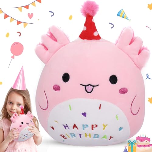 Giugio Happy Birthday Plüschtier, 20CM Rosa Salamander Kuscheltier, Cartoon Plüschkissen, Süßes Geburtstag Squishy Plüschtier für Mädchen Geburtstag Happy Birthday Geschenk Kinder Partei Weihnachten von Giugio