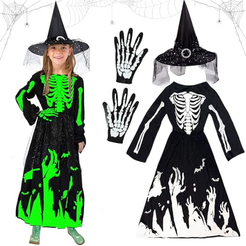 Giugio Hexenkostüm Mädchen, Prinzessin Skelett Kostüm Kinder Mädchen, Halloween Skelett Kostüm mit Skelett Handschuhe und Hexenhut, Hexenkostüm Vampir Kostüm Kind Hexenkostüm für Karnevals Cosplay-M von Giugio