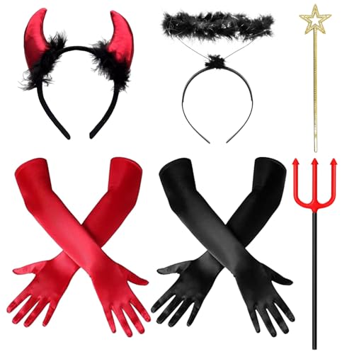 Giugio Teufel kostüm Damen Mädchen, Karneval Teufel kostüm, Teufel Haarreifen Teufelshörner Heiligenschein, Handschuhe Zauberstab Kostüm Accessorie Karneval Fasching Halloween Cosplay Party von Giugio