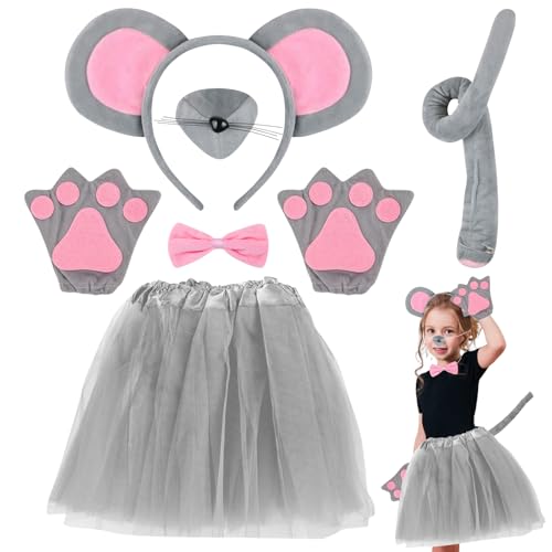 Giugio Maus Tüllrock Kinder Kostüm Set, 7 Stück Carnival Tierkostüm für Kinder, Mit Stirnband Schwanz Nase Fliege Handschuhe Tutu Rock Ausgefallenes Kostüm Karneval Fasching Motto Cosplay Party von Giugio