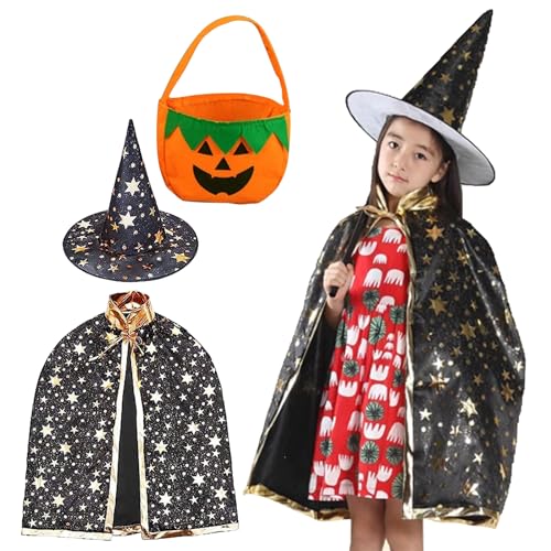 Halloween Kinder Kostüm, Halloween Hexe Umhang,Witch Umhang Kinder mit Kürbis Candy Bag und 20 Tattoos Aufkleber, Zauberer Umhang für Jungen Mädchen, Halloween, Karneval, Cosplay Themenparty (A) von Giugio