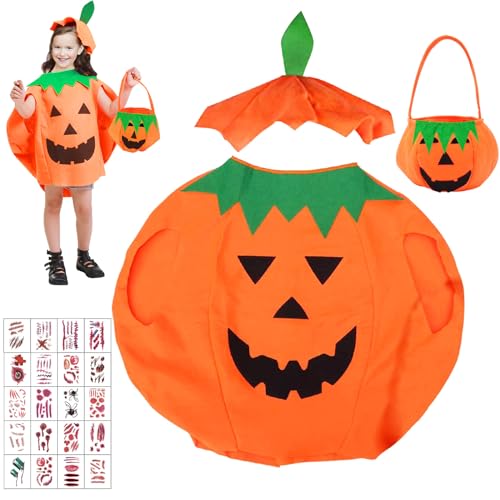 Kürbis Kostüm Kinder, Halloween Kürbis Kostüm kinder mit Pumpkin Candy Bag und Hut mit 20 Halloween Tattoos Aufkleber, Pumpkin Halloween Karnevals Cosplay Party Kleidung für Kinder von 3-10 Jahre von Giugio