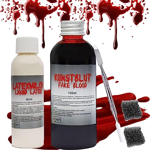 Kunstblut Künstliches Blut 100ml, Latexmilch 60ml, Spezialeffekt Auswaschbar Fake Blood mit Make-up Schwamm und Spatel, für Halloween Zombie Vampir Wundschorf Schminke zum Wunden & Narben von Giugio