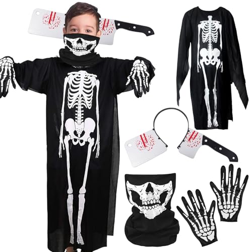 Skelett Kostüm, 4TLG Skelett Halloween Kostüm Set, Ghost Skeleton Kostüm, Gruseliges Zombie Kostüm Kinder Geister Kostüm Skelett, für Kinder Erwachsene Halloween Karneval Kostümparty Cosplay Maskerade von Giugio