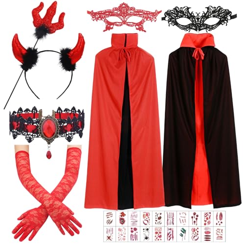 Teufel Kostüm Damen, Halloween Vampir Umhang Set, Halloween Kostüm Damen Teufel, Wendbar Schwarz Rot, Vampir Kostüm Junge Mädchen, Halloween Kostüm Damen für Mottoparty Cosplay,Karneval,Halloween (A) von Giugio