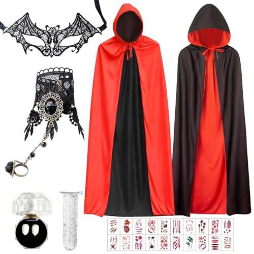 Teufel Kostüm Damen, Halloween Vampir Umhang Set, Halloween Kostüm Damen Teufel, Wendbar Schwarz Rot, Vampir Kostüm Junge Mädchen, Halloween Kostüm Damen für Mottoparty Cosplay,Karneval,Halloween (B) von Giugio