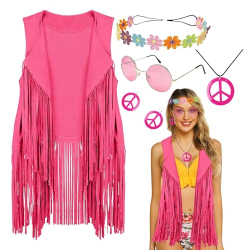 Giwuence 60er-70er-Jahre-Kostüm für Damen, Hippie-Kostümzubehör - 5-teiliges Hippie-Kostüm-Set - Hippie-Accessoires, Disco-Outfits, Fransen-Detail für Halloween, Geburtstag, Ostern von Giwuence