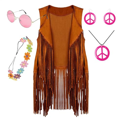 Giwuence Halloween Karneval Damen Hippie-Kostüm-Set, Disco-Outfits Hippie-Zubehör | 5 Stück Damenkostüme - Hippie-Accessoires, Disco-Outfits, Fransen-Detail für Halloween, Geburtstag, Ostern von Giwuence