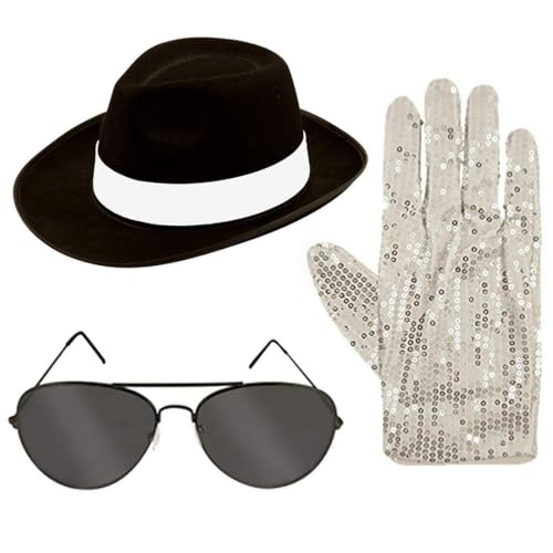 Gizelle Pop Ican Gangsterhut, Brille, Handschuhe, Set, Erwachsene, King of Pop, Cosplay, Zubehör, Fliegerschatten, 1980er-Jahre-Kostüm-Set, Einheitsgröße von Gizelle