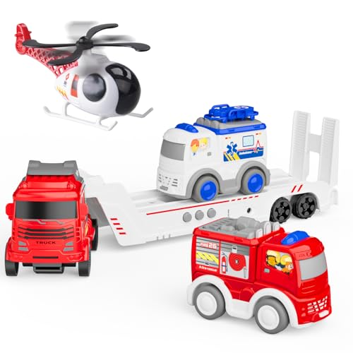 GizmoVine Autotransporter Spielzeug, LKW, Abschleppwagen mit 1 Krankenwagen 1 Feuerwehrauto 1 Hubschrauber, Reibungskraft Auto, DREI Warntöne, Geschenke für Kinder von 2 3 4 5 6 Jahren von GizmoVine