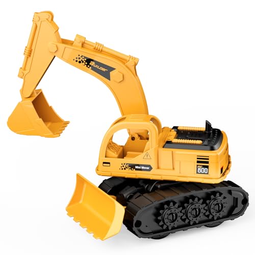 GizmoVine Bagger Spielzeug, Baustellenfahrzeuge Kinder, 2-in-1 Reibungsauto Modell mit Bulldozer, Starke & Flexible Teile, Party und Sandkasten Kinderbagger für 2 3 4 5 Jahre, Geburtstagsgeschenk von GizmoVine