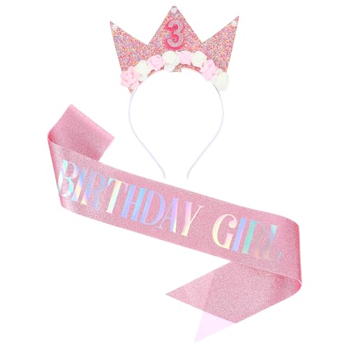 Gjinxi Geburtstagskrone Kinder Geburtstag Tiaras 3 Jahre Geburtstagsgürtel Glitzernde Baby Krone mit Blumen Kinderkrone Rosa Stoff Kindergeburtstag Party Deko Hut für Jungen Mädchen Partyhüte Supplies von Gjinxi