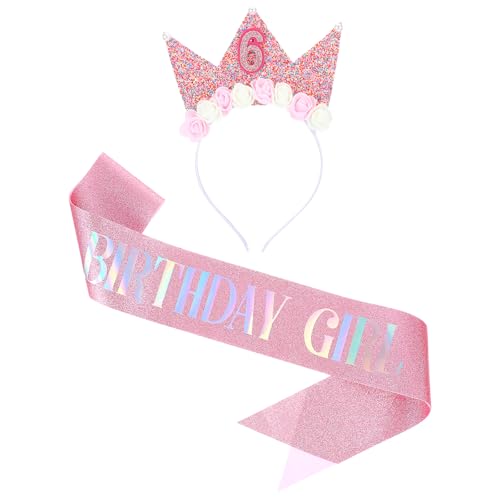 Gjinxi Geburtstagskrone Kinder Geburtstag Tiaras 6 Jahre Geburtstagsgürtel Glitzernde Baby Krone mit Blumen Kinderkrone Rosa Stoff Kindergeburtstag Party Deko Hut für Jungen Mädchen Partyhüte Supplies von Gjinxi