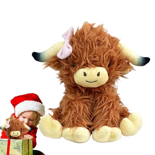 GjnjfdF Highland Cow Plüschtier,Highland Cow Stofftier - Cartoon-Tier-Plüschtier - Gefüllte Hochlandkuh mit Schleifenplüsch, niedliche Stofftier-Dekorationspuppe für Kinder von GjnjfdF