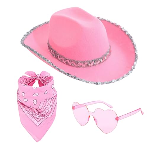 GjnjfdF Pailletten Cowboyhut, Cowgirl-Kostüm für Damen | Modischer Cowboyhut mit herzförmiger Brille und Bandana | Cowgirl-Hüte Packung, 3-teiliges Set GjnjfdF Pailletten Cowboyhut, Cowgirl-Kostüm für Damen | Modischer Cowboyhut mit herzförmiger Brille und Bandana | Cowgirl-Hüte Packung, 3-teiliges Set von GjnjfdF