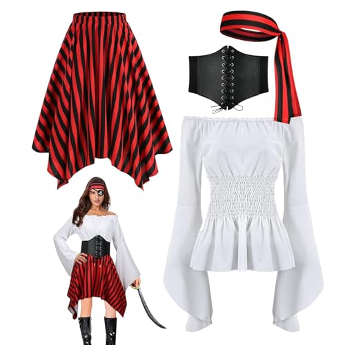 GjnjfdF Piratenkorsettkleid, Piratenkleid Frauen mit Korsett - Langes Korsettkleid Kostüm,Renaissance Festival Outfits, Off Schulterglockenhülle Casual Bustier Rock für Party von GjnjfdF