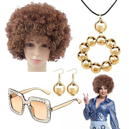 GkgWuxf 70er-Jahre-Disco-Accessoires für Damen,Disco-Schmuck für Damen 70er-Jahre, Rapper-Kostüm Bling 5-teiliges 70er-Jahre-Disco-Kostüm-Set, Afro-Perücke, Ohrringe, Sonnenbrille, Discokugel-Zubehör, von GkgWuxf