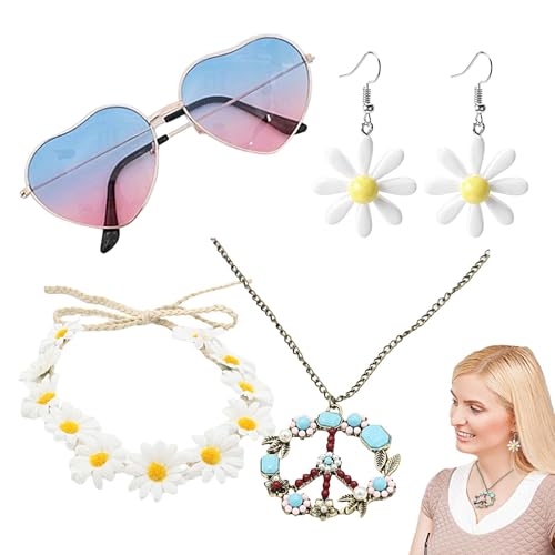 GkgWuxf Hippie-Kostüm-Zubehör-Set, 70er-Jahre-Hippie-Sonnenbrille | 4x/Set Frauen-Friedenszeichen-Ohrring-Stirnband,Frauen-Friedenszeichen-Ohrring-Stirnband, Hippie-Sonnenbrille-Kostümzubehör für von GkgWuxf