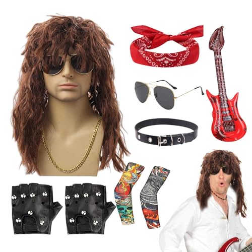 Gkumgwo 80er Jahre Rocker-Kostüm für Herren, Metall-Disco-Kostüm, Hippie-Perücke für Herren, Hippie-Perücke mit Bandana, Sonnenbrille, 70er-, 80er-Jahre-, Rocker-Perücken, Herren-Kostüm-Set für Rolle, von Gkumgwo