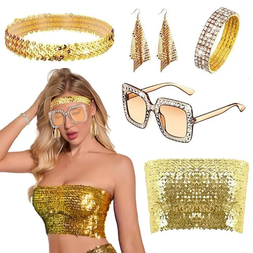 Gkumgwo Disco-Zubehör für Damen, Pailletten-Y2K-Damenkostüm, Mehrzweckgeschenke mit Schlauch-Top, Ohrringen, Sonnenbrille, Stirnband von Gkumgwo