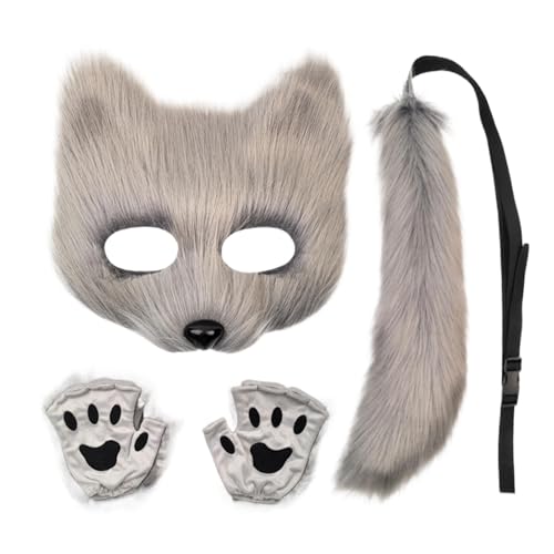 Gkumgwo Fuchs Kostüm Set, Weiche Pelzkleidung Katze Gesicht Abdeckung Schwanz Pfote Handschuhe Set, Realistische Urlaub Tier Outfit Set, Lustiges Cosplay Kostüm Für Kinder Und Erwachsene von Gkumgwo