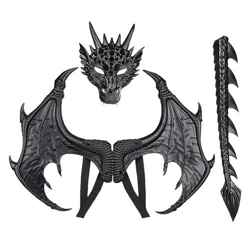 Gkumgwo Halloween-Drachen-Cosplay-Set, Drachen-Kostüm - Halloween Flügel Schwanz Set,Drachenflügel-Schwanz-Gesichtsbedeckung, Halloween-Cosplay-Set für Weihnachten, Ostern, Halloween von Gkumgwo