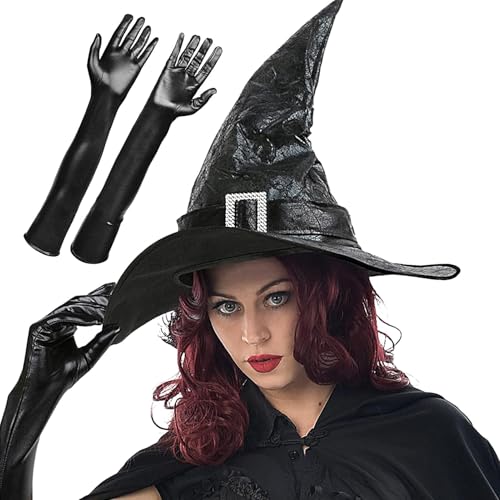 Gkumgwo Schwarzer Hexenhut, Hexenhut, Cosplay-Hut, Zaubererhut mit langen Handschuhen, spitzer Hut, schwarzer Hut, Halloween-Kostüm-Zubehör für Damen, Teenager, Mädchen von Gkumgwo