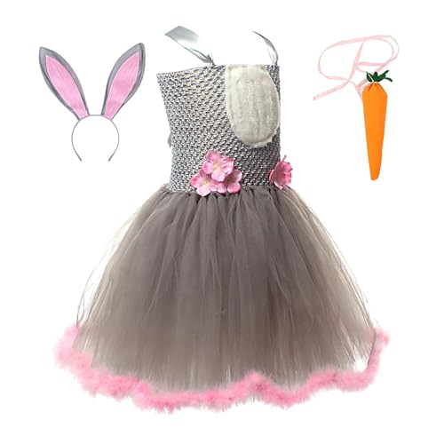 Gkumgwo Tanzkleid für Mädchen, Prinzessin, Ostern, Cosplay, Show, Kleid mit Plüsch-Karotten – bequemes Osterkostüm für Mädchen von 2–12 Jahren, Grau von Gkumgwo