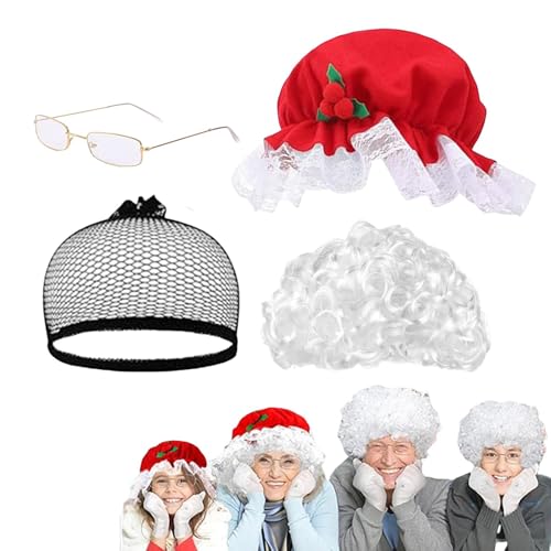 Gkumgwo Weihnachtsperücke, Frauen Festliches Kostüm Zubehör, Damenkostüm Cosplay Hut, Perücke, Haarnetz und Brille für Weihnachten Dress Up Party von Gkumgwo