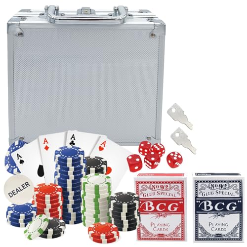 Glac Store Pokerkoffer Texas Hold'em Blackjack mit 100, 200, 300 Chips Chips, 2 Kartendecks, 5 Würfel und Dealer - Farbe Silber (100) von Glac Store