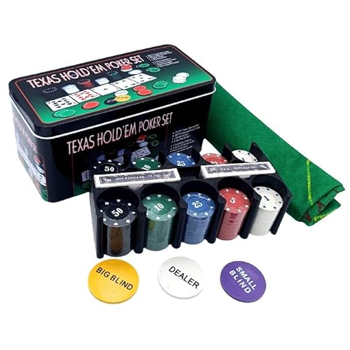 Glac Store Pokerset mit Metallbox, 200 bunte Chips, 2 Kartendecks, Fiches Dealer, grünes Tuch, Big Blind, Small Blind von Glac Store