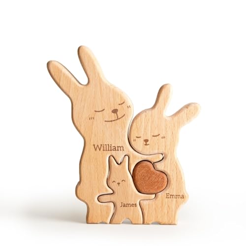 Bunny Family Puzzle, Personalisierte Holzpuzzles mit 2-5 Familienmitgliedern Namen, Einzigartig für Papa Opa, Einweihungsgeschenke für Eltern Paar von Glad Gua