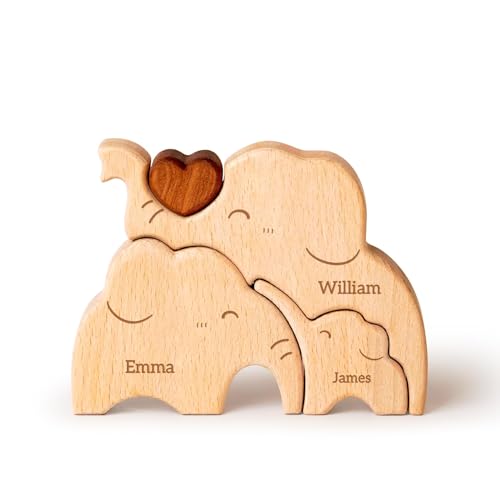 Elefant Familie Puzzle, Personalisierte Holzpuzzles mit 2-5 Familienmitgliedern Namen, Einzigartige Familiendekor Holzskulptur Geschenke für Papa Opa, Einweihungsgeschenke für Eltern Paar von Glad Gua