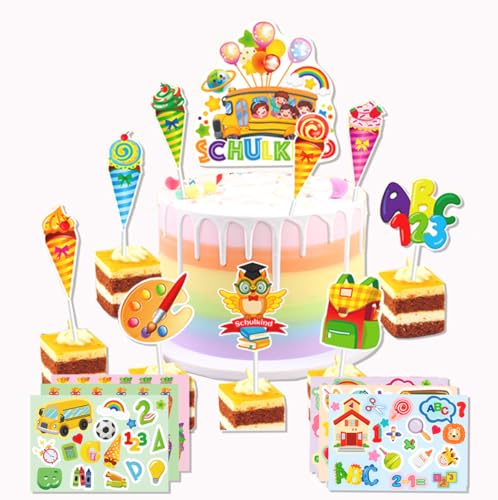 Glamifyr 19Stk Tortendeko für Einschulung Und 6Stk Aufkleber,Tortendeko Einschulung Topper Cupcake Dekorationen für Tortendeko Schulanfang Kuchen Dekorationen Einschulung Tortendeko Sticker Set von Glamifyr