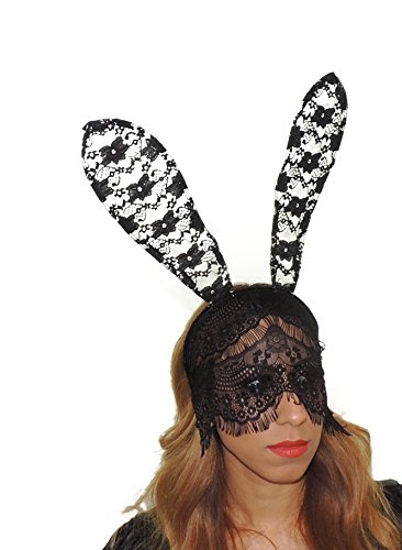 Glamour Girlz Damen Große Spitze Hasenohren Mit Spitzenschleier Venezianische Halloween Maskerade Maske Kostümfest Henne Tun Schwarz von Glamour Girlz