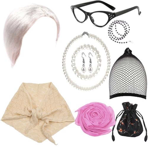 Glanhbnol Cosplay Set für Damen Erwachsene Oma Perücken Brille Künstliche Perle Halskette Ohrringe Oma Kostüm für Party von Glanhbnol