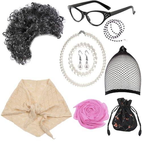Glanhbnol Cosplay Set für Damen Erwachsene Oma Perücken Brille Künstliche Perle Halskette Ohrringe Oma Kostüm für Party von Glanhbnol
