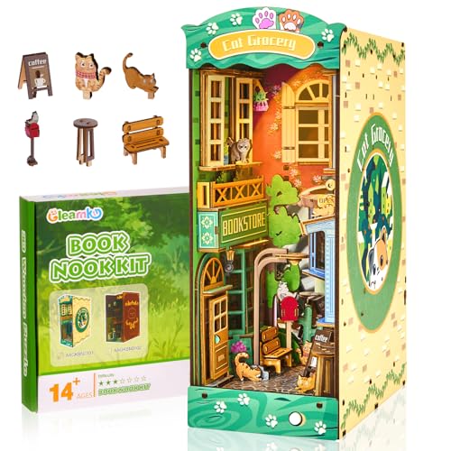 Gleamkid Book Nook DIY Kit，DIY Miniatur Puppenhaus Booknook，Einzigartiges Straßendesign Cat Street，3D-Puzzle für 14+, warmweiße LED-Beleuchtung, Bücherecke von Gleamkid