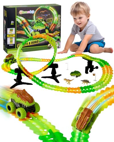 GleamKid Spielzeug ab 3 Jahre Autorennbahn Auto Set,Dinosaurier Auto Spielzeuge,Leucht Flexible Autorennbahn Rennbahn Kinder Spielzeug,Geschenk für Kinder ab 3 4 5 6 7 8 Jahre Jungen Mädche von Gleamkid