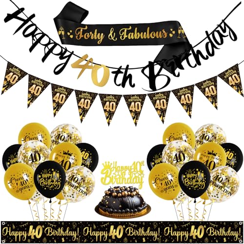 40. Geburtstag Dekorationen Männer Frauen - Schwarz Gold 40. Geburtstag Ballons Konfetti Luftballons, Happy Birthday Girlande Banner, Tortendeko, Geburtstag Schärpe von Gleeve