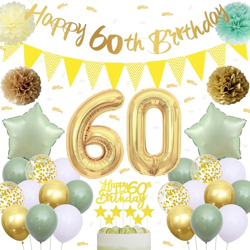 60. Geburtstag Deko Gold Grün - 60. Geburtstag Dekoration für Männer Frauen, Happy Birthday Girlande Papier Pompoms Tortendeko Konfetti Luftballon und Folienballon mit Zahl 60, Salbeigrüne Party Deko von Gleeve