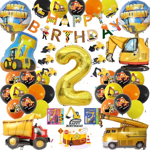 Bagger Deko Kindergeburtstag 2 Jahre - Baustelle 2. Geburtstagsdeko Jungen Bagger Luftballons Baustellen Truck Folienballon Bagger Spielzeug Tortendeko Kuchen Deko Und Bau Party Happy Birthday Banner von Gleeve