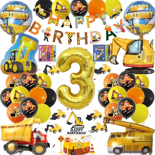 Bagger Deko Kindergeburtstag 3 Jahre - Baustelle 3. Geburtstagsdeko Jungen Bagger Luftballons Baustellen Truck Folienballon Bagger Spielzeug Tortendeko Kuchen Deko Und Bau Party Happy Birthday Banner von Gleeve