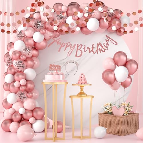 Geburtstag Deko Rosegold Luftballons Frau - 101 StüCk RoséGold Luftballons Konfetti Ballons Happy Birthday Girlande Banner MäDchen Tiara Stirnband Kuchendeckel Geburtstagsparty Zubehör Set FüR Frauen von Gleeve