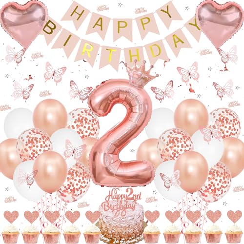 Schmetterling 2. Geburtstag Deko Mädchen - Rosegold Luftballon Happy Birthday Girlande Schmetterling Konfetti Tortendeko Cupcake Topper Mädchen 2 Jahr Dekoration Kindergeburtstag von Gleeve