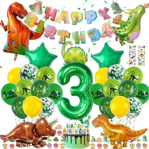 Dinosaurier Geburtstag Deko Dino Luftballon - Kindergeburtstag Deko 3 Jahre mit XXL Dino Folienballons Happy Birthday Girlande Tortendeko Cupcake Topper Grün Dschungel Party Dekoration für Junge von Gleeve