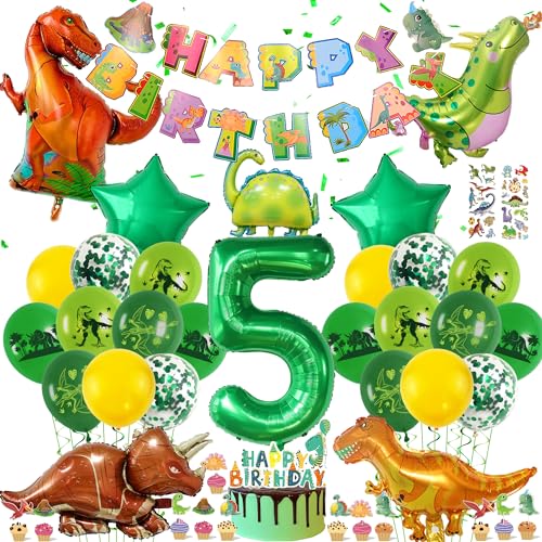 Dinosaurier Geburtstag Deko Dino Luftballon - Kindergeburtstag Deko 5 Jahre mit XXL Dino Folienballons Happy Birthday Girlande Tortendeko Cupcake Topper Grün Dschungel Party Dekoration für Junge von Gleeve