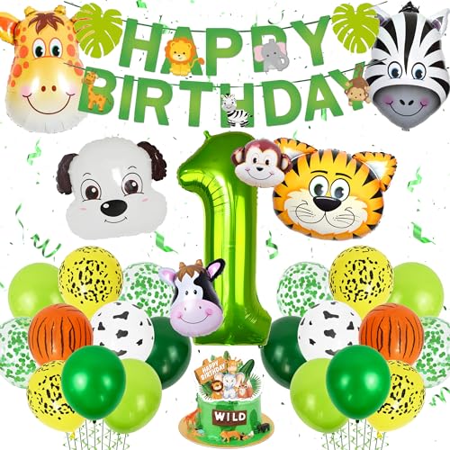 Dschungel Dekoration 1. Geburtstag Kinder - Waldtiere Geburtstag Deko 1 Jahr für Jungen Mädchen mit Happy Birthday Banner Tiger Giraffe Zebra Affe Tier Luftballon Tortendeko Grüne Safari Partyzubehör von Gleeve